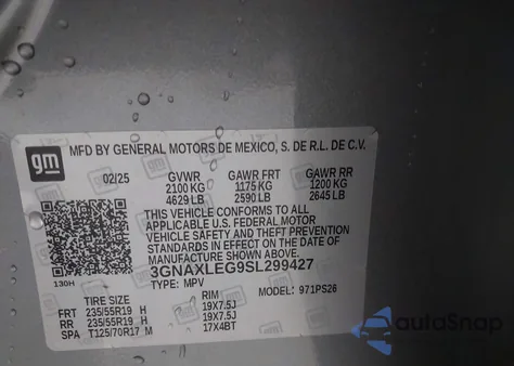 2025 Chevrolet Equinox Fwd Rs from USA, damaged, VIN 3GNAXLEG9SL299427